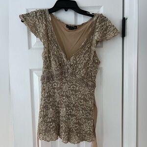 Ann Ferriday flutter sleeve lace top with beading and ribbon tie in tan one size